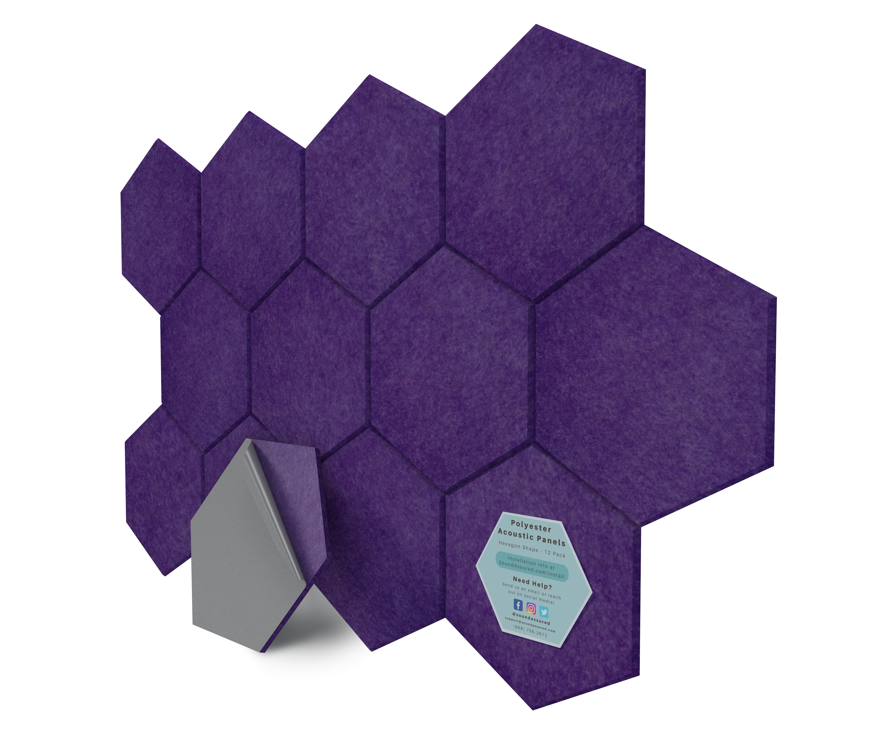 Hexagon Polyester Acoustic Panels - 12 Pack | Eco-Friendly Sound Absorption | Easy Peel & Stick Installation