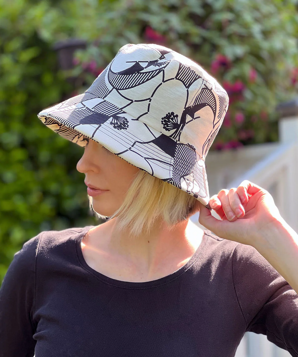 Hollie Bucket Hat Style - Cotton Patterns (Festive Birds in Black/Blue and Leafy, One Large left!)