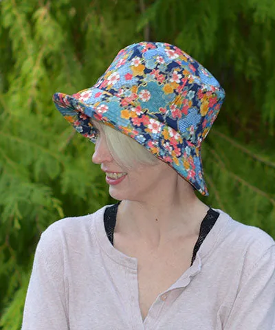 Hollie Bucket Hat Style - Cotton Patterns (Festive Birds in Black/Blue and Leafy, One Large left!)