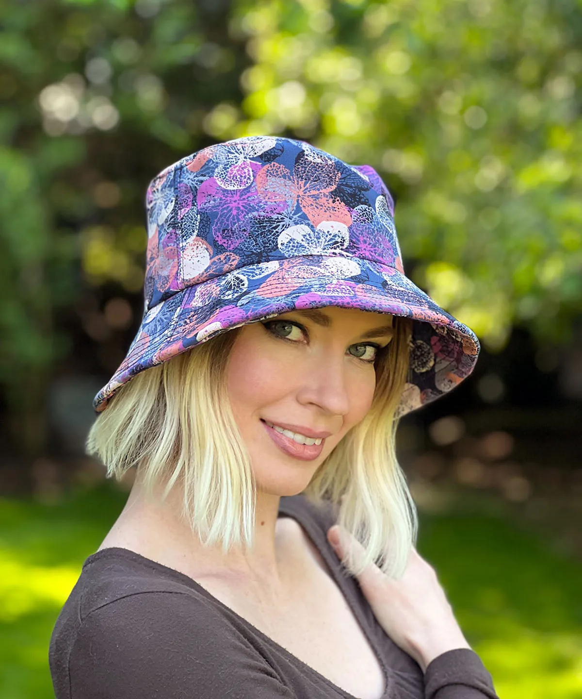 Hollie Bucket Hat Style - Cotton Patterns (Festive Birds in Black/Blue and Leafy, One Large left!)