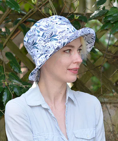 Hollie Bucket Hat Style - Cotton Patterns (Festive Birds in Black/Blue and Leafy, One Large left!)