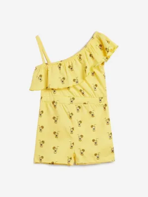 HOP Kids Yellow Printed Cotton Jumpsuit