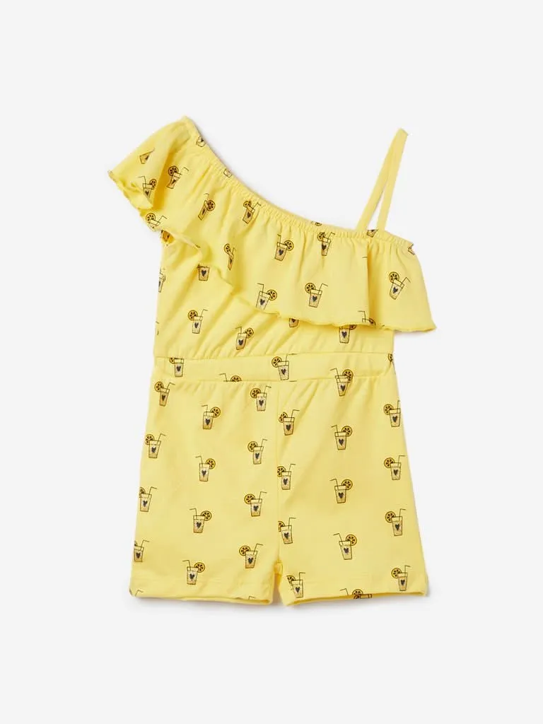 HOP Kids Yellow Printed Cotton Jumpsuit