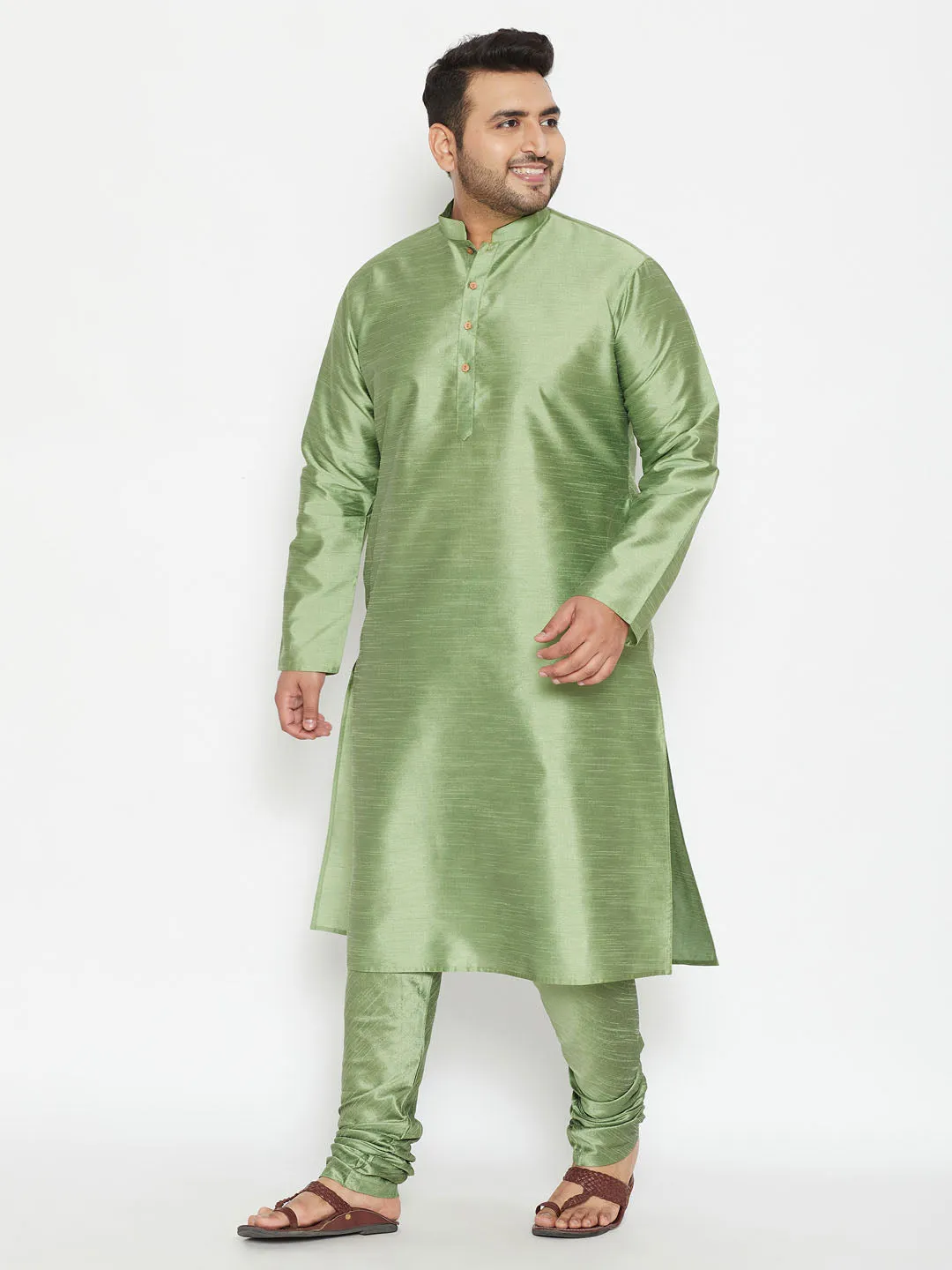 Jashvi Men's Plus Size Mint Green Silk Blend Kurta Pyjama Set