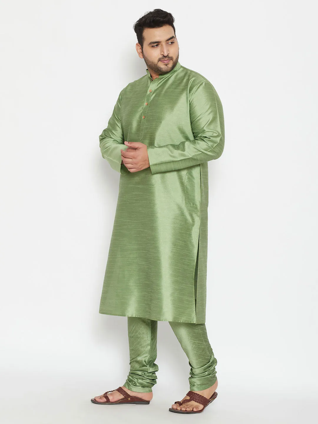 Jashvi Men's Plus Size Mint Green Silk Blend Kurta Pyjama Set