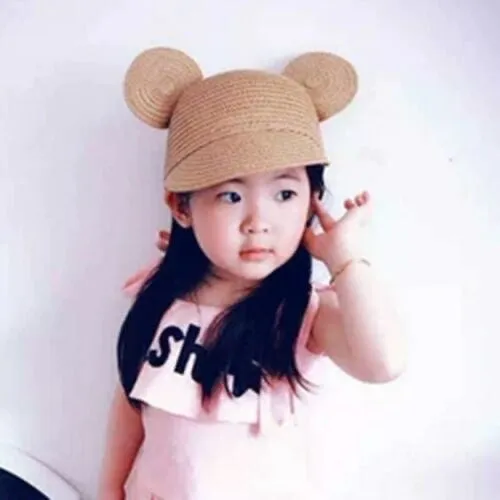 Kids Straw Hat With Mouse Ears Beige