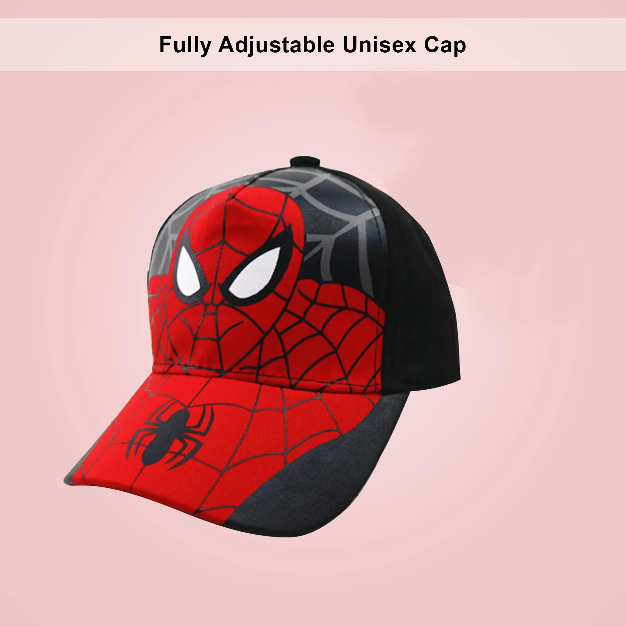 Kuber Industries Pack of 2 Spiderman Cap | Adjustable Cap for Boys and Girls | Cartoon Character Printed Little Cap for Kids | Cap for 7-12 Year Old Baby Girls and Boys | T8103-B | Black & Red