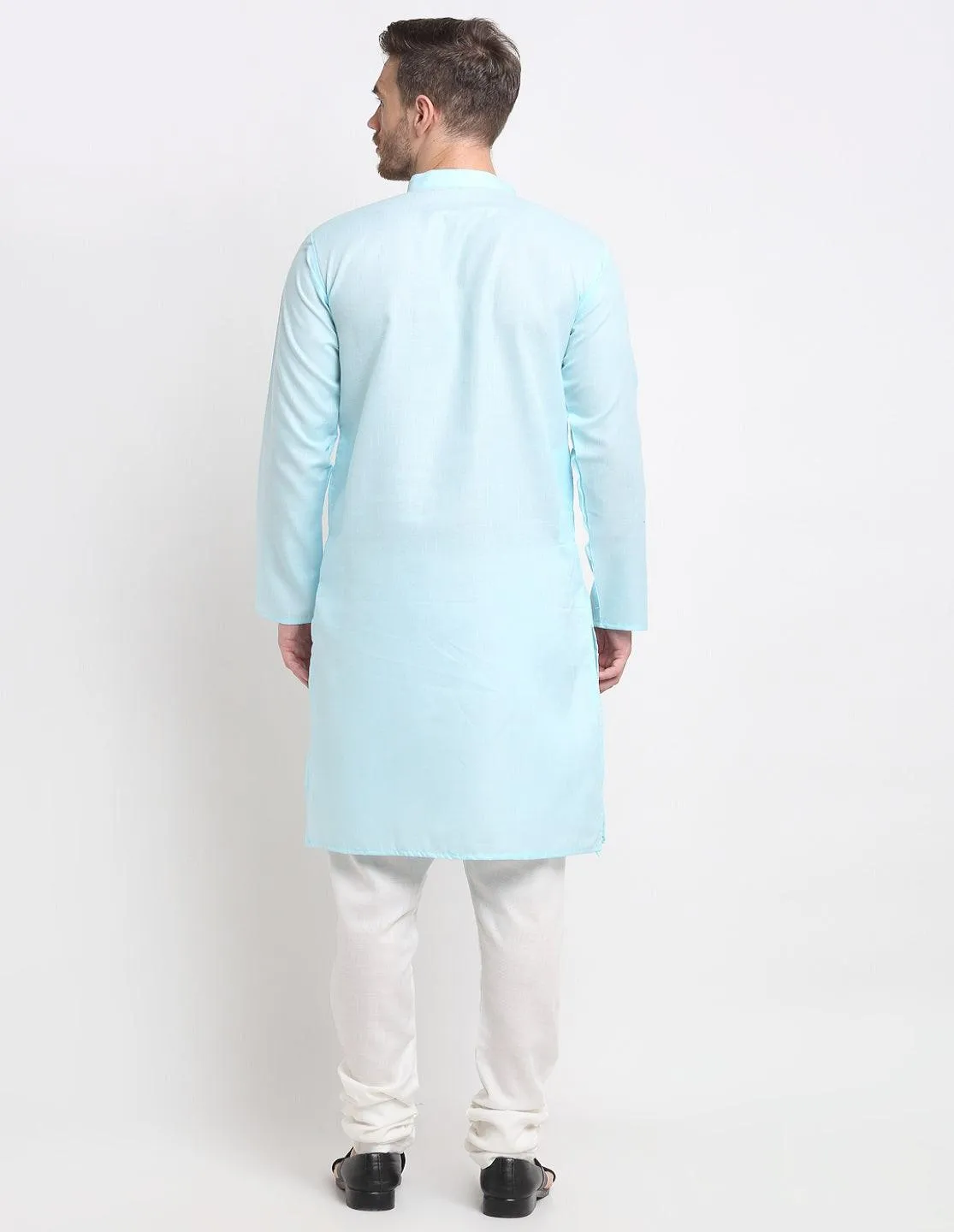 Men's Sky Blue & White Cotton Solid Kurta With Churidaar Set - Benstoke