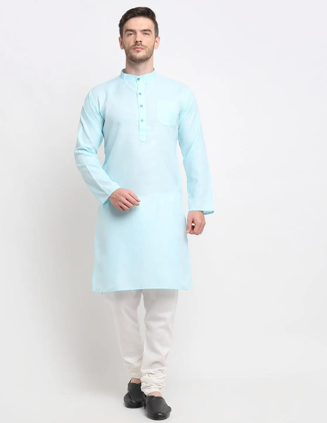 Men's Sky Blue & White Cotton Solid Kurta With Churidaar Set - Benstoke