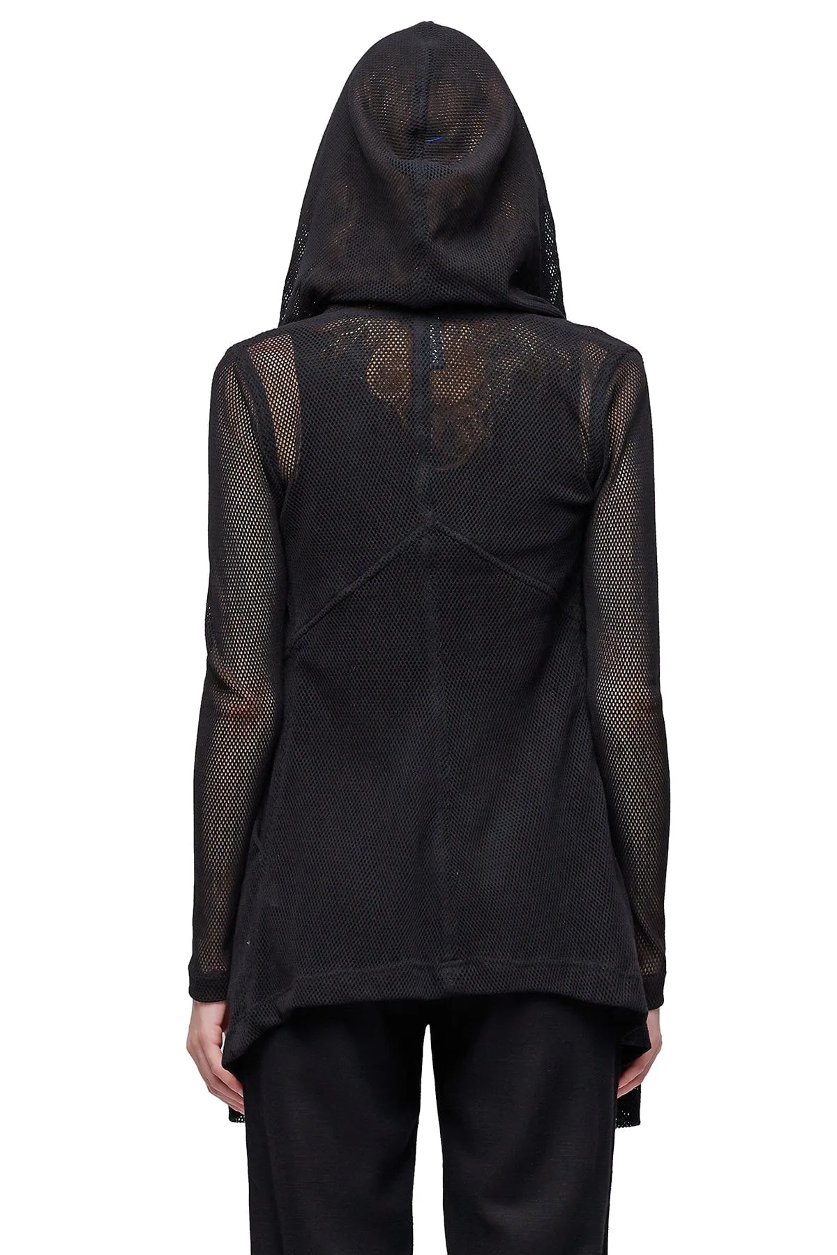 MESH DRAPED HOODIE IN BLACK