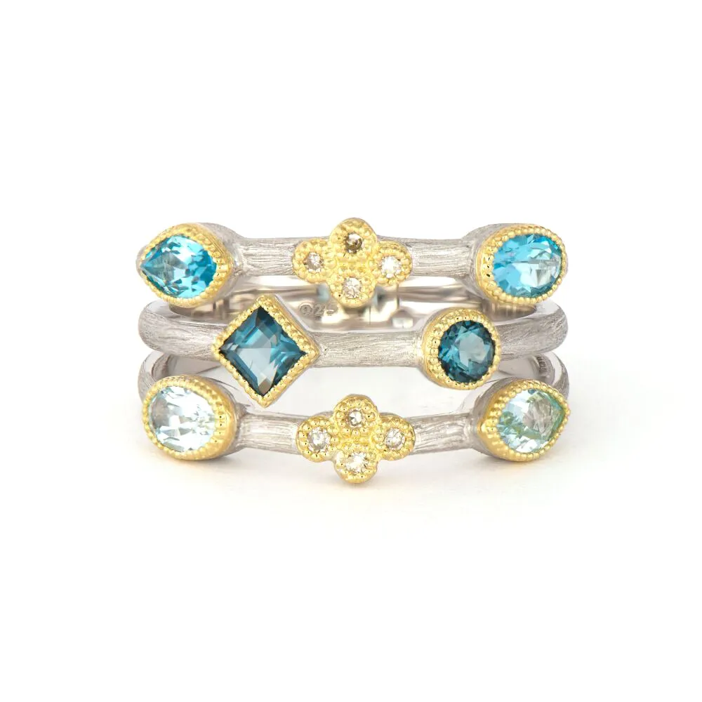 Mixed Metal Three Row Ring with Alternating White Diamonds and Blue Topaz