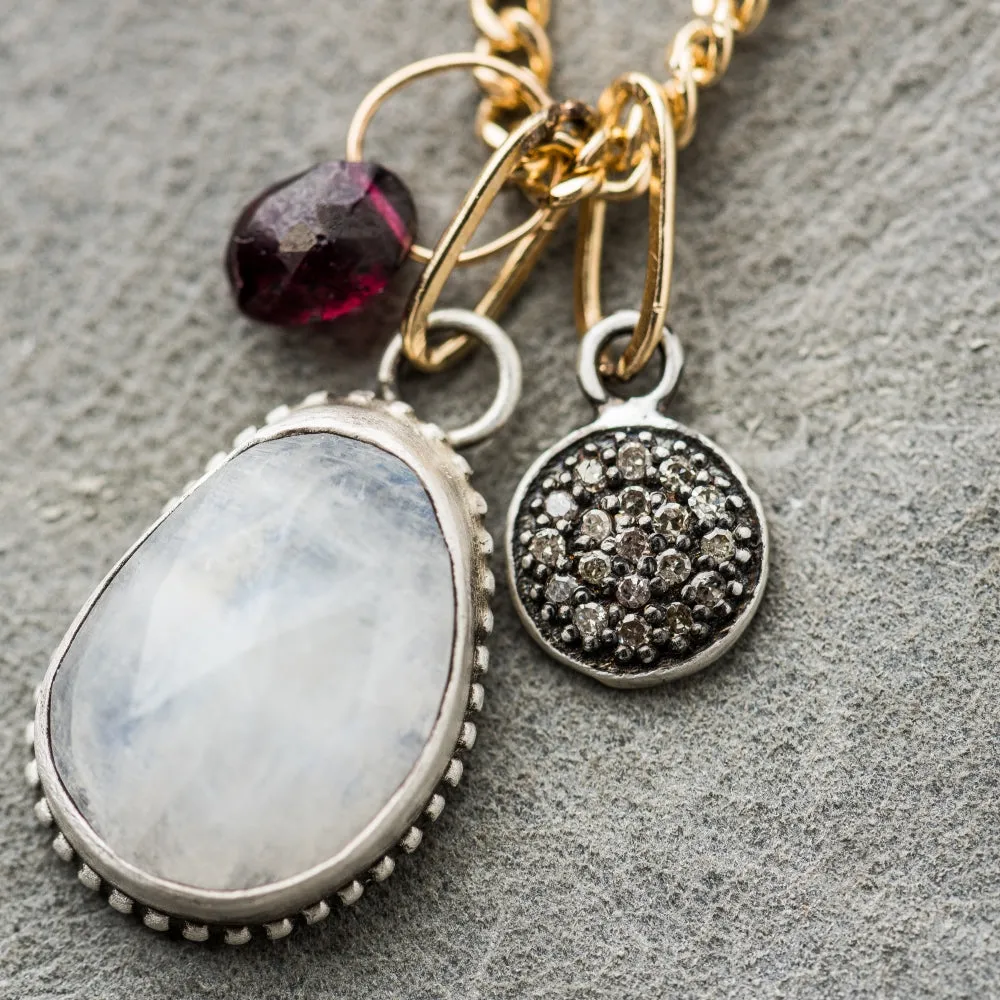 Moonstone Necklace with Red Garnet and Diamond Disc