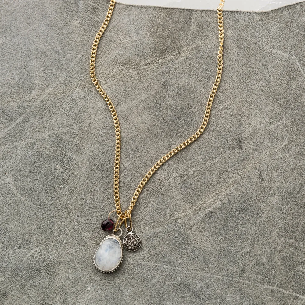 Moonstone Necklace with Red Garnet and Diamond Disc