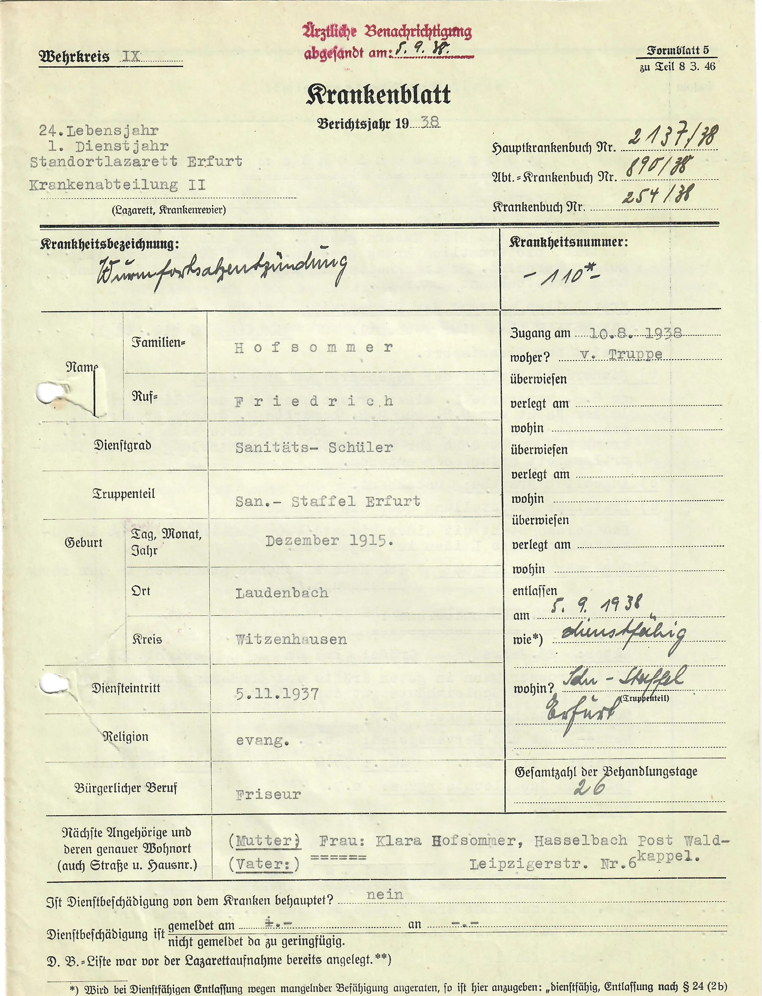 Original German WWII Massive Award & Document Grouping of Sanitäts-Feldwebel Friedrich Hofsommer of Panzerjäger - Abteilung 15