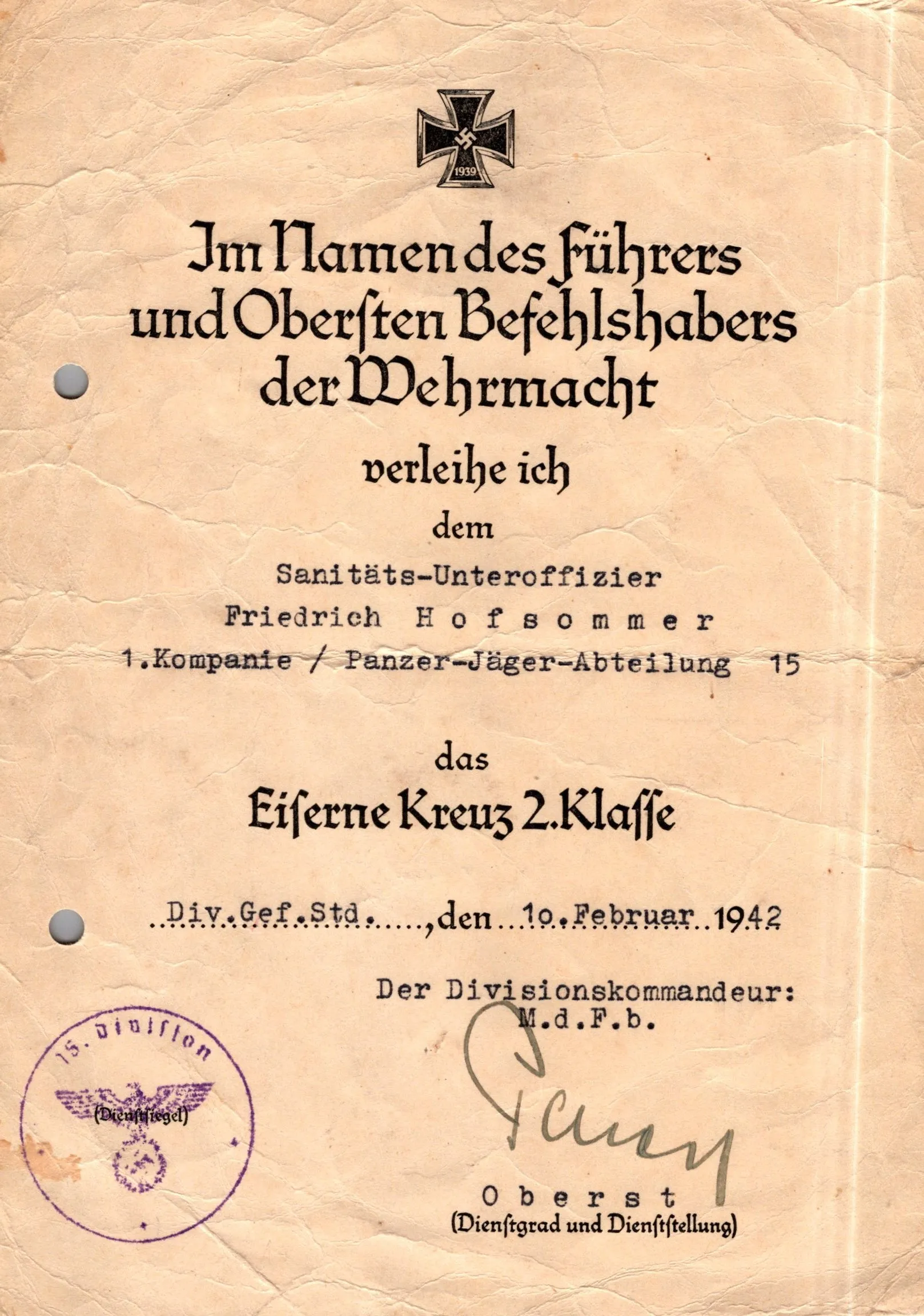 Original German WWII Massive Award & Document Grouping of Sanitäts-Feldwebel Friedrich Hofsommer of Panzerjäger - Abteilung 15