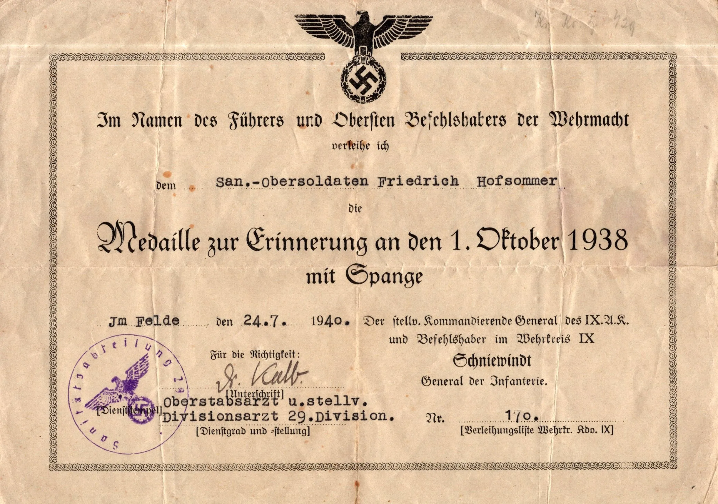 Original German WWII Massive Award & Document Grouping of Sanitäts-Feldwebel Friedrich Hofsommer of Panzerjäger - Abteilung 15