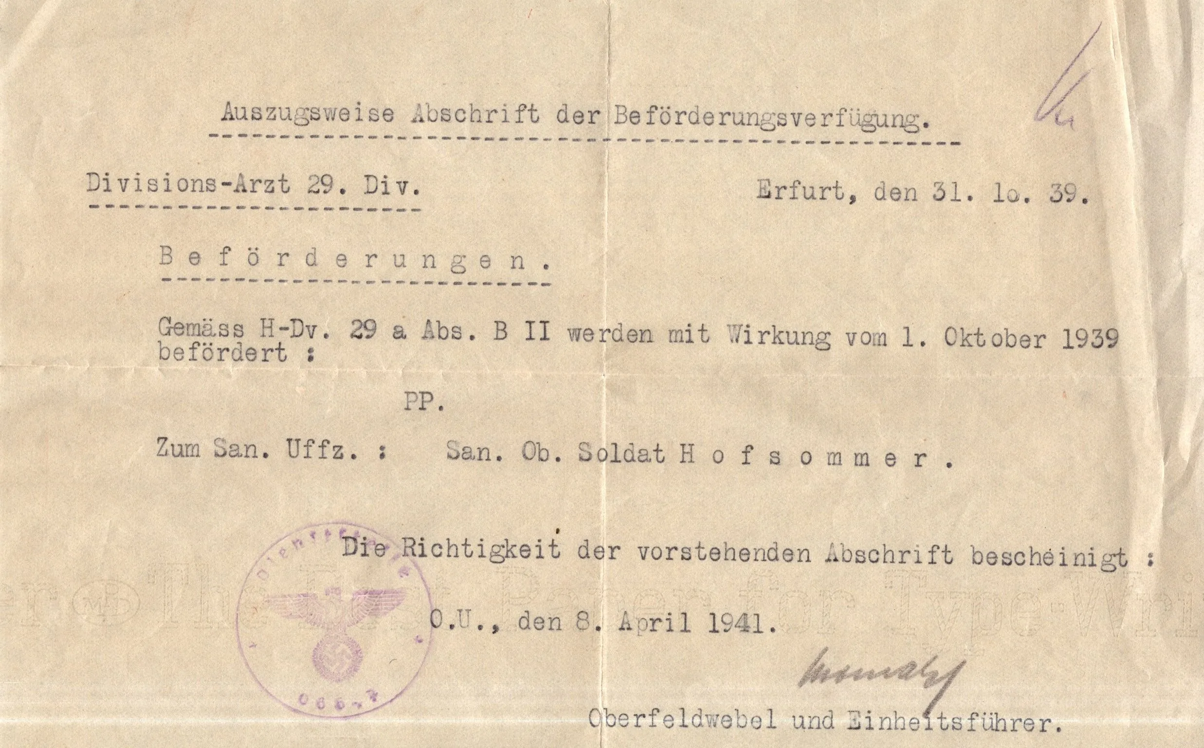 Original German WWII Massive Award & Document Grouping of Sanitäts-Feldwebel Friedrich Hofsommer of Panzerjäger - Abteilung 15