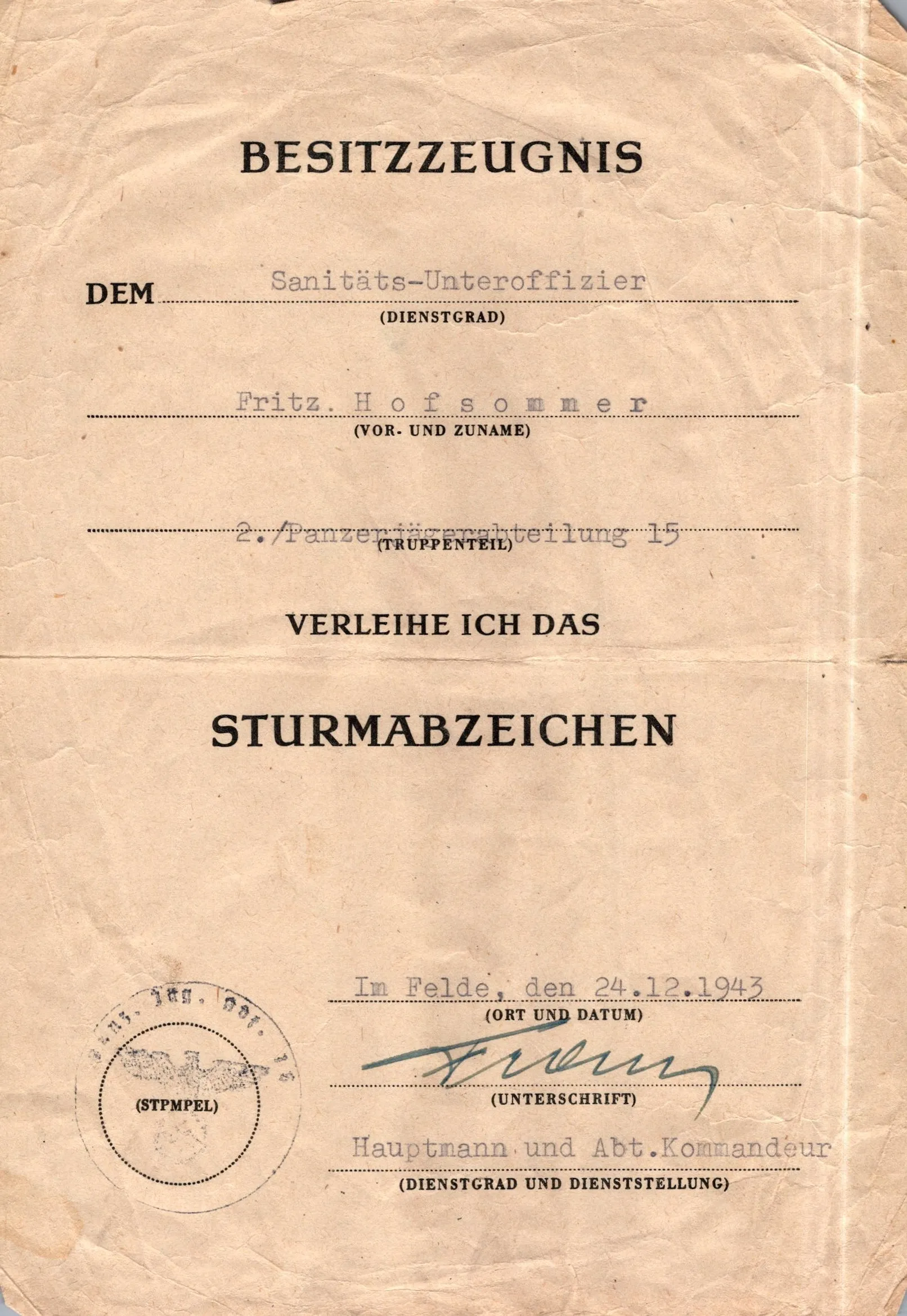 Original German WWII Massive Award & Document Grouping of Sanitäts-Feldwebel Friedrich Hofsommer of Panzerjäger - Abteilung 15