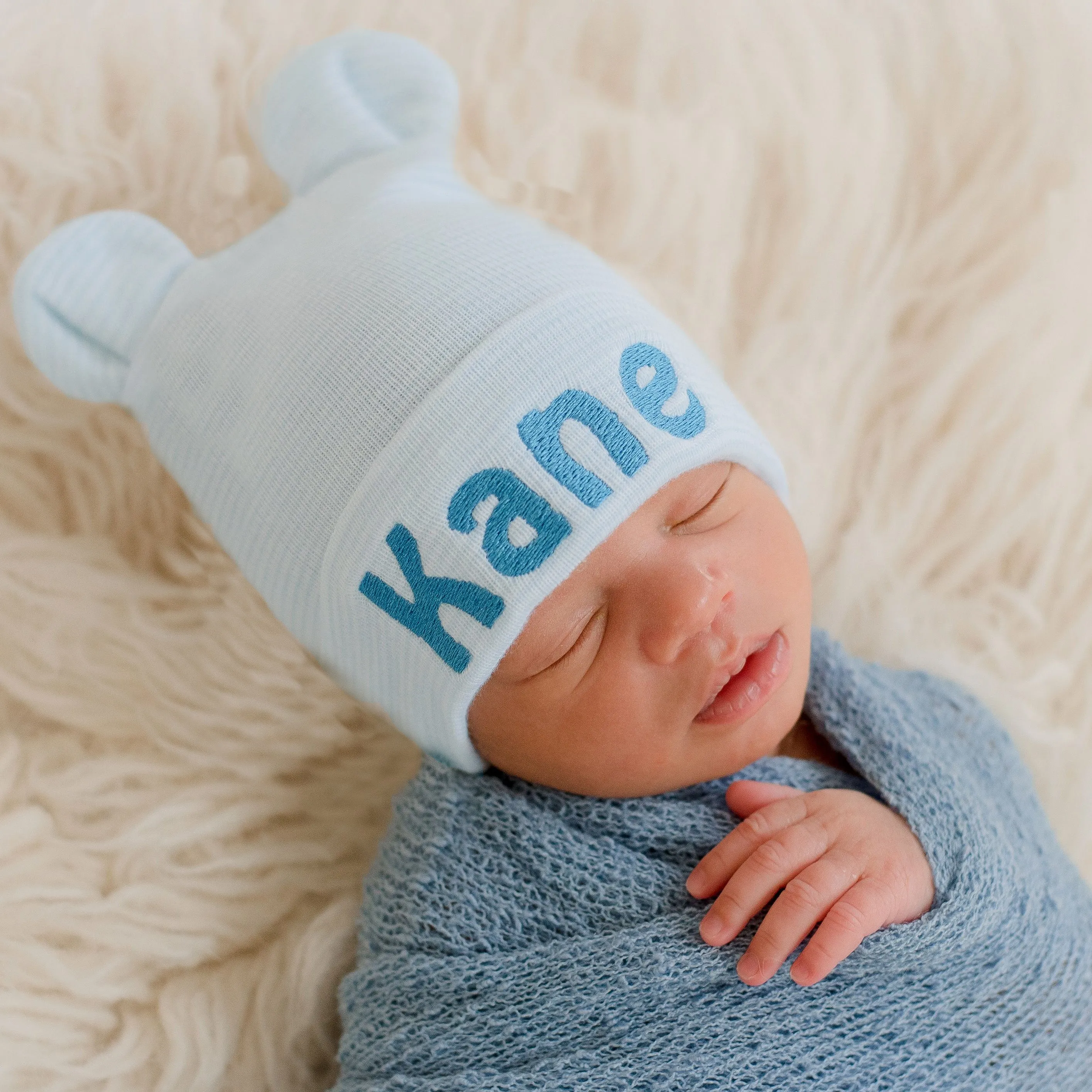 Personalized Blue and White Striped Newborn Baby Boys Hospital Beanie Hat with Bear Ears, Infant Hat Newborn Hat