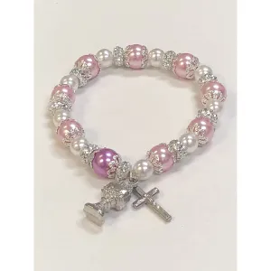 Pink and White Imitation Pearl Communion Stretch Bracelet