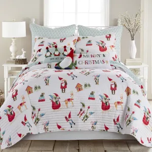 premium Merry & Bright by  - Gnome for the Holidays Quilt - Full/Queen - Christmas Gnomes - Red, Green and White - Quilt (86x86in.) - Reversible - Microfiber White Rug 20x34