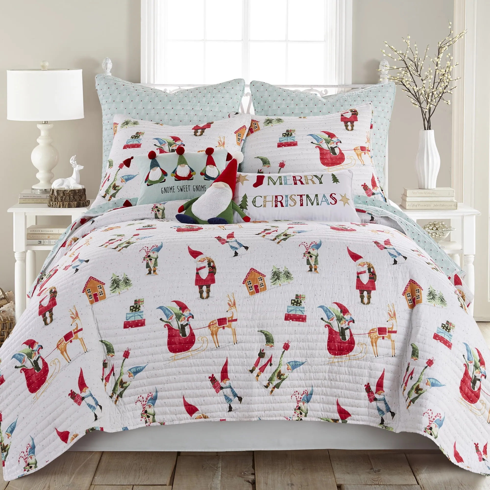 premium Merry & Bright by  - Gnome for the Holidays Quilt - Full/Queen - Christmas Gnomes - Red, Green and White - Quilt (86x86in.) - Reversible - Microfiber White Rug 20x34