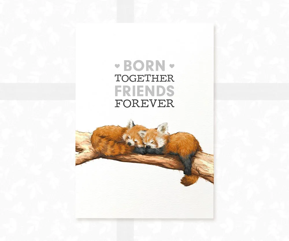 Red Pandas Nursery Print for Twins "Born Together, Friends Forever"