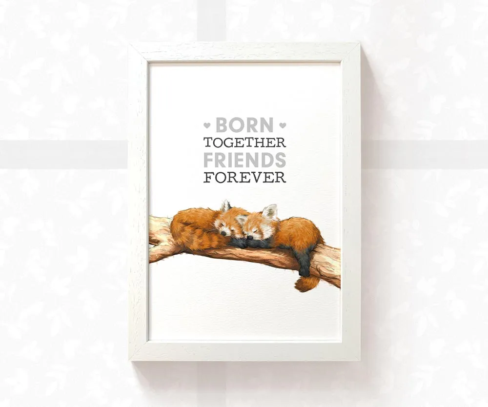 Red Pandas Nursery Print for Twins "Born Together, Friends Forever"