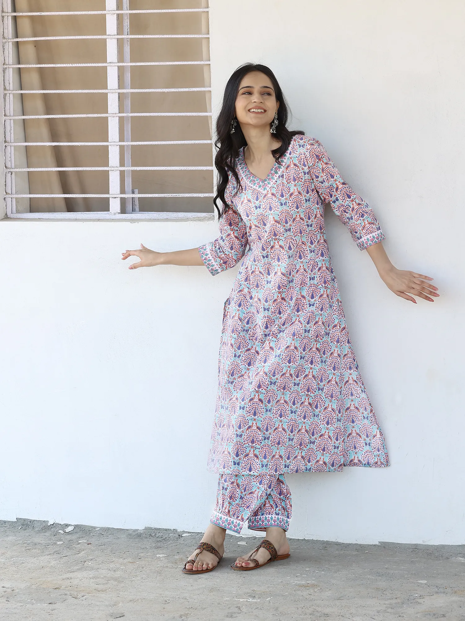 Sky Blue Hand Block Printed Straight Kurta Set