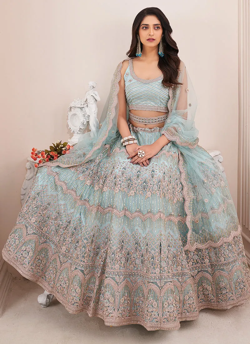 Sky Blue Sequence Embroidery Wedding Lehenga Choli