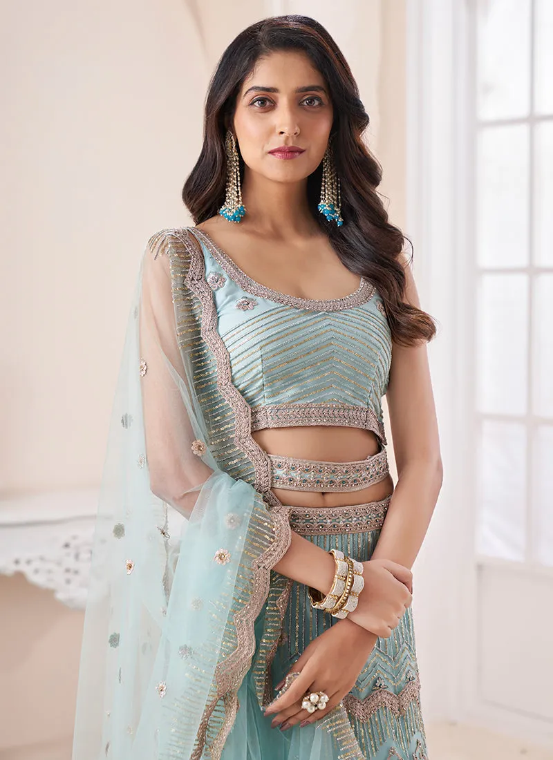 Sky Blue Sequence Embroidery Wedding Lehenga Choli