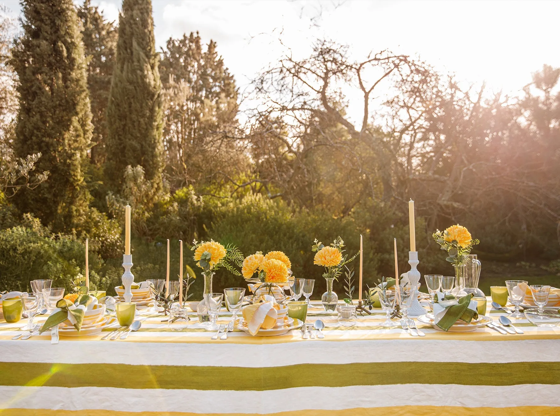 Stripe Linen Tablecloth in Avocado Green & Lemon Yellow