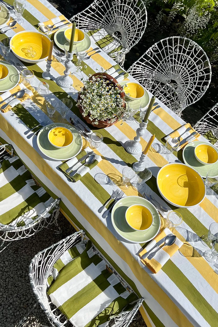 Stripe Linen Tablecloth in Avocado Green & Lemon Yellow