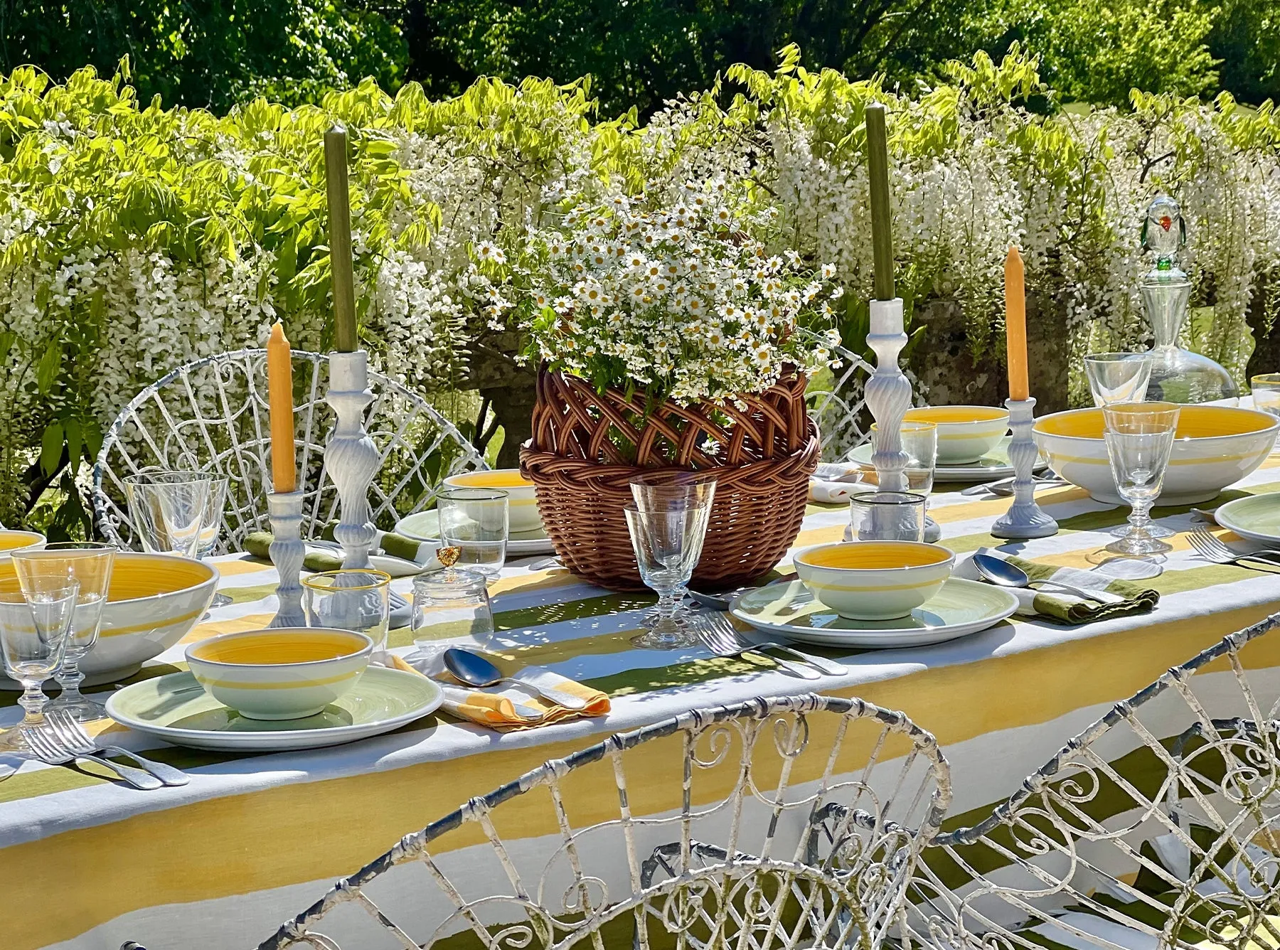 Stripe Linen Tablecloth in Avocado Green & Lemon Yellow