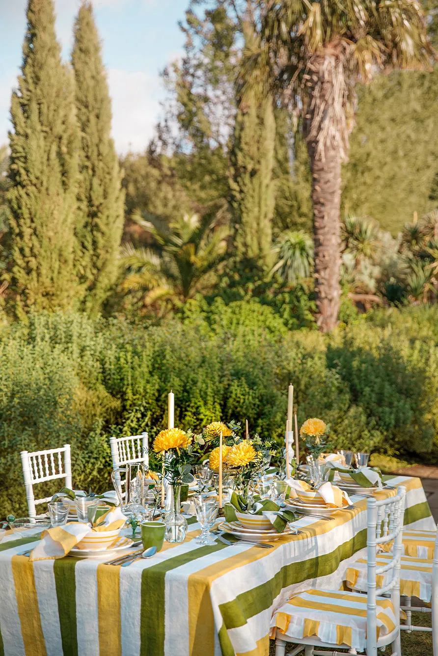 Stripe Linen Tablecloth in Avocado Green & Lemon Yellow