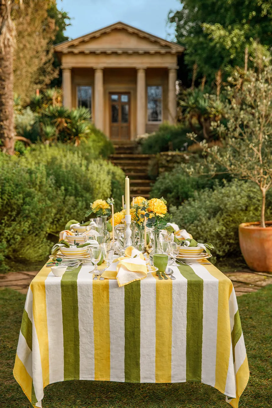 Stripe Linen Tablecloth in Avocado Green & Lemon Yellow