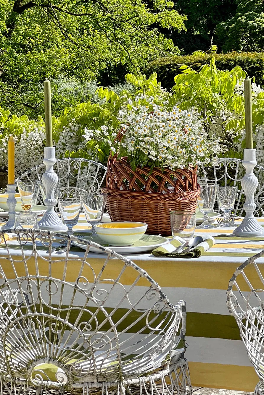 Stripe Linen Tablecloth in Avocado Green & Lemon Yellow