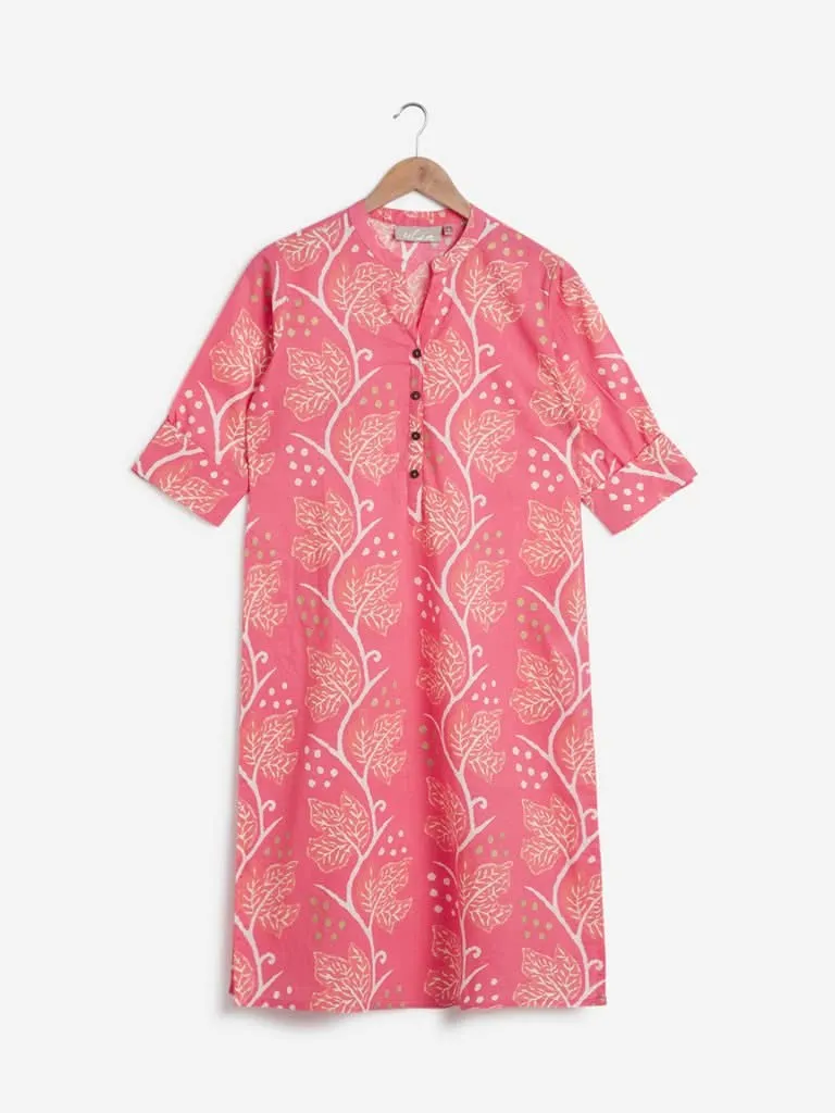 Utsa Pink Leaf Print Straight Kurta