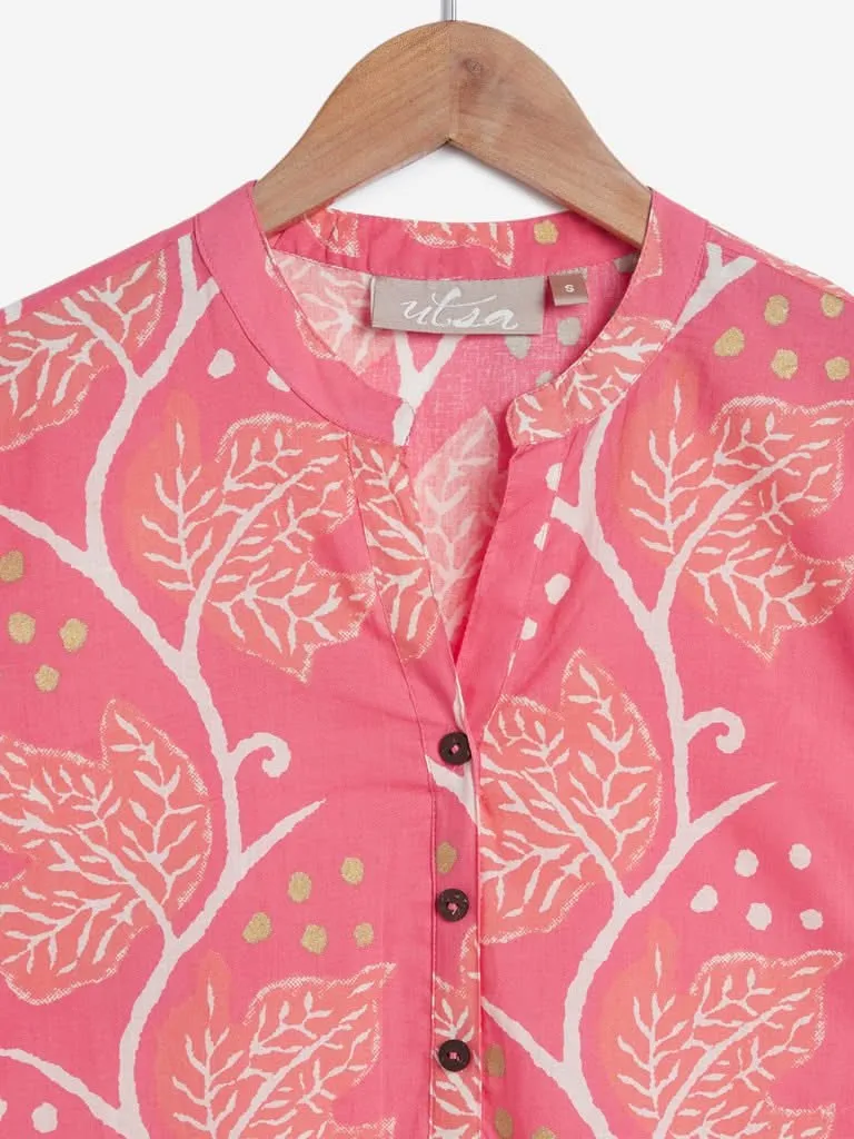 Utsa Pink Leaf Print Straight Kurta