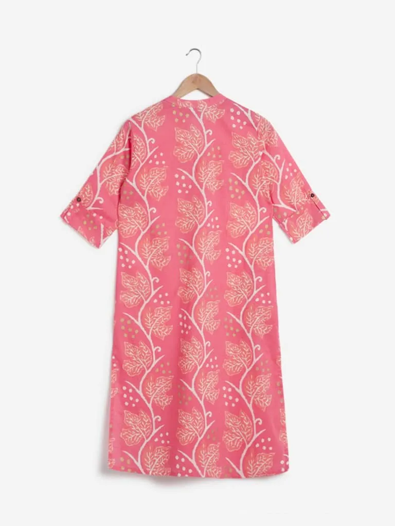 Utsa Pink Leaf Print Straight Kurta