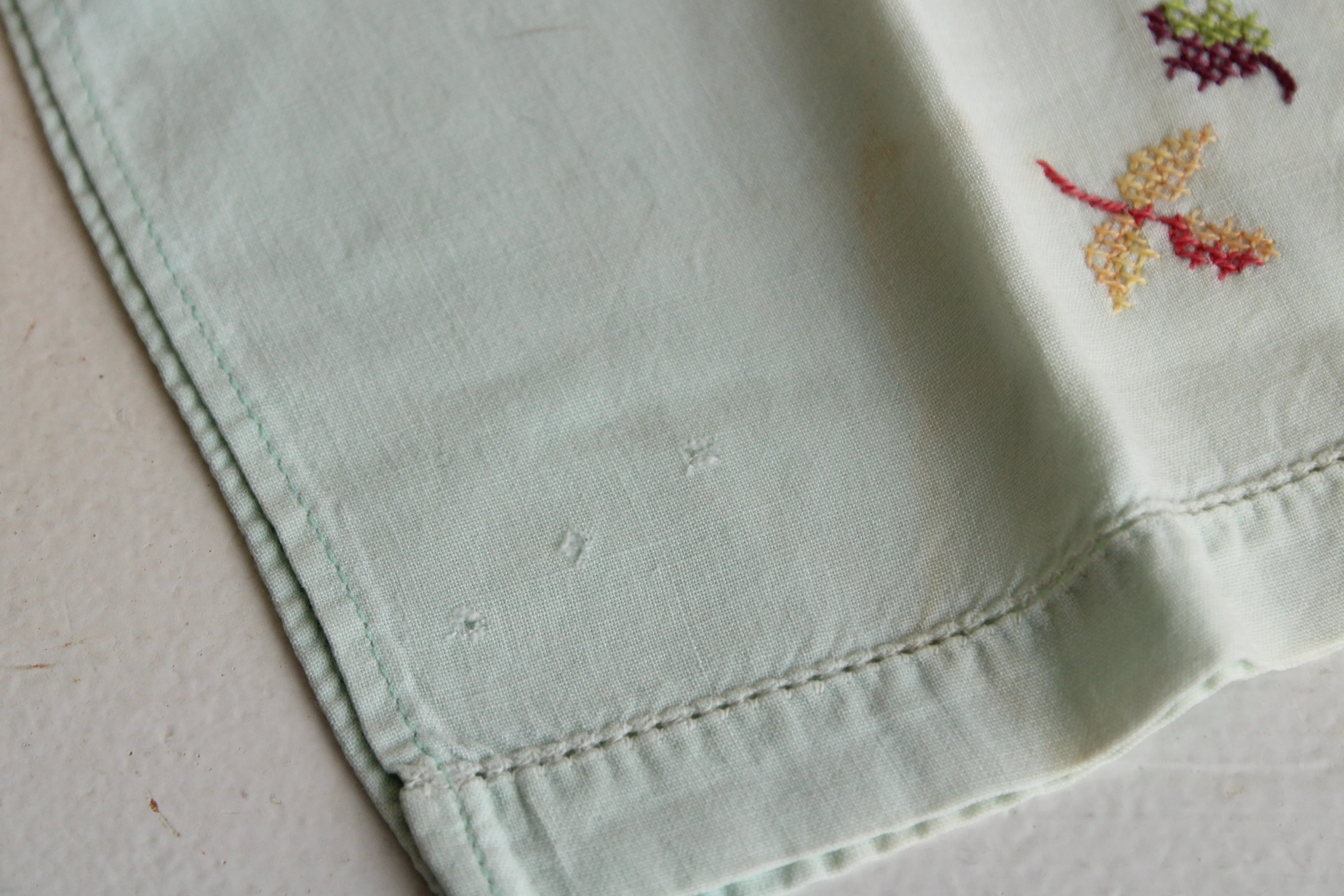 Vintage 1960s Mint Green Embroidered Tea Towel