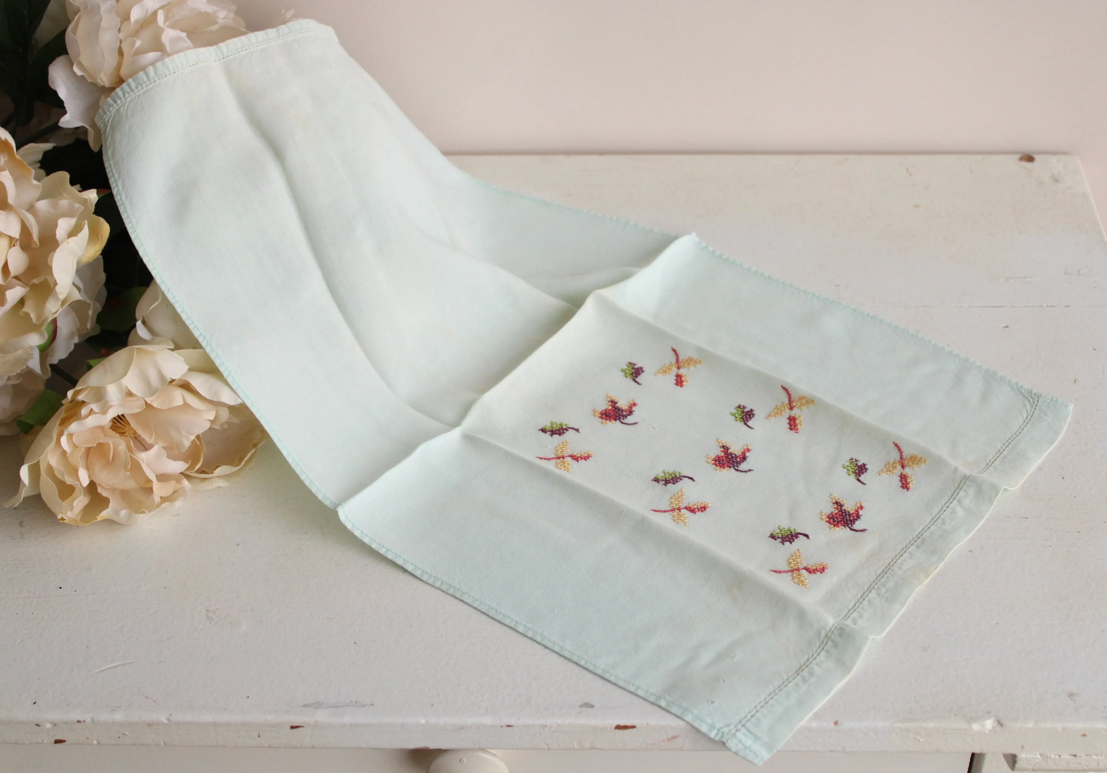 Vintage 1960s Mint Green Embroidered Tea Towel