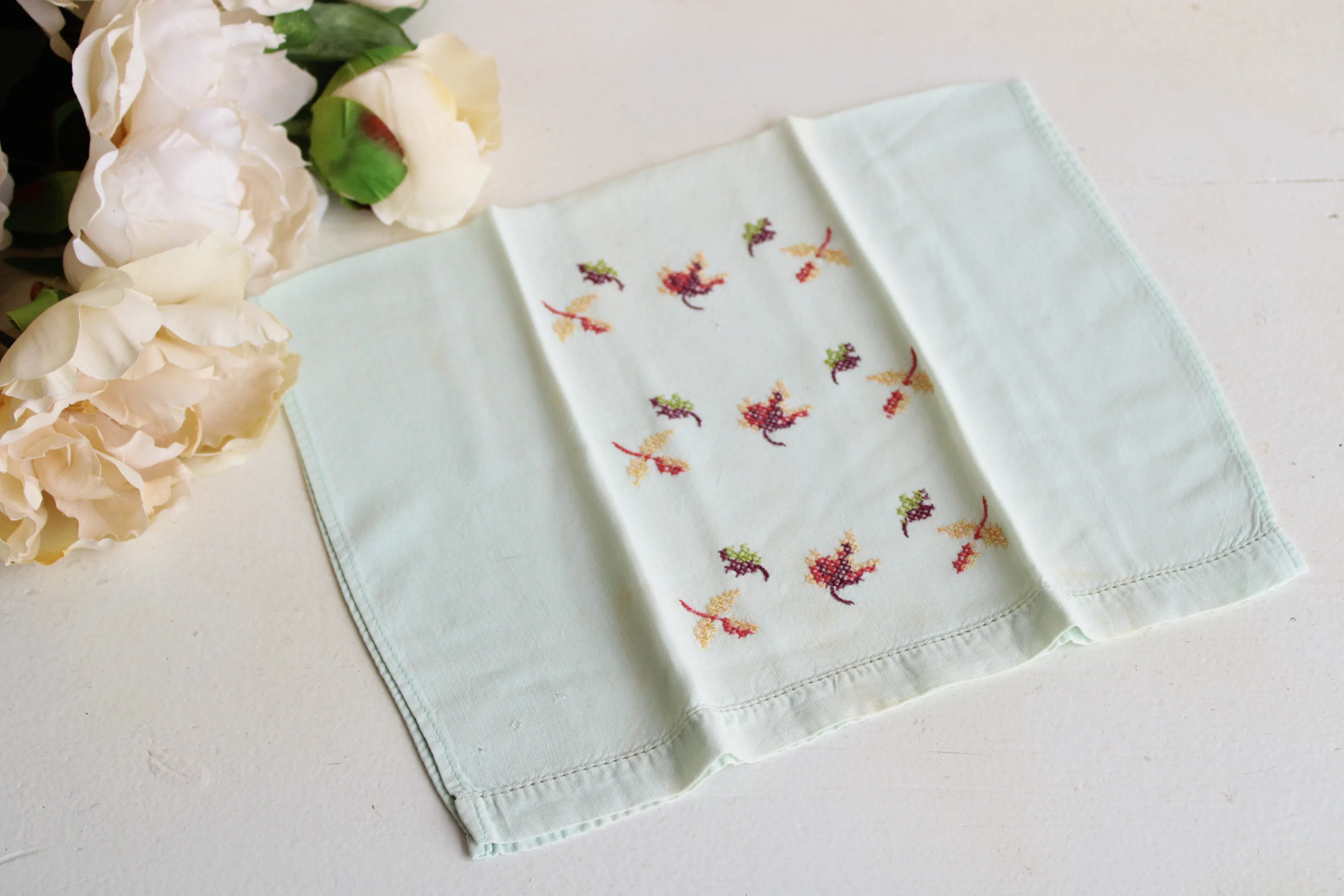 Vintage 1960s Mint Green Embroidered Tea Towel