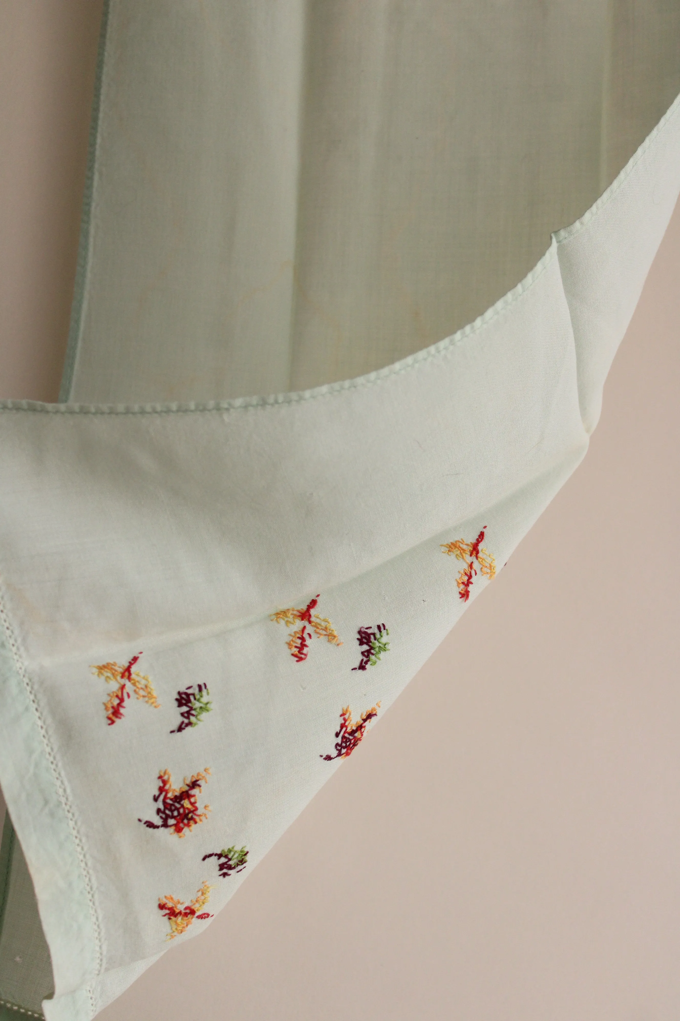 Vintage 1960s Mint Green Embroidered Tea Towel