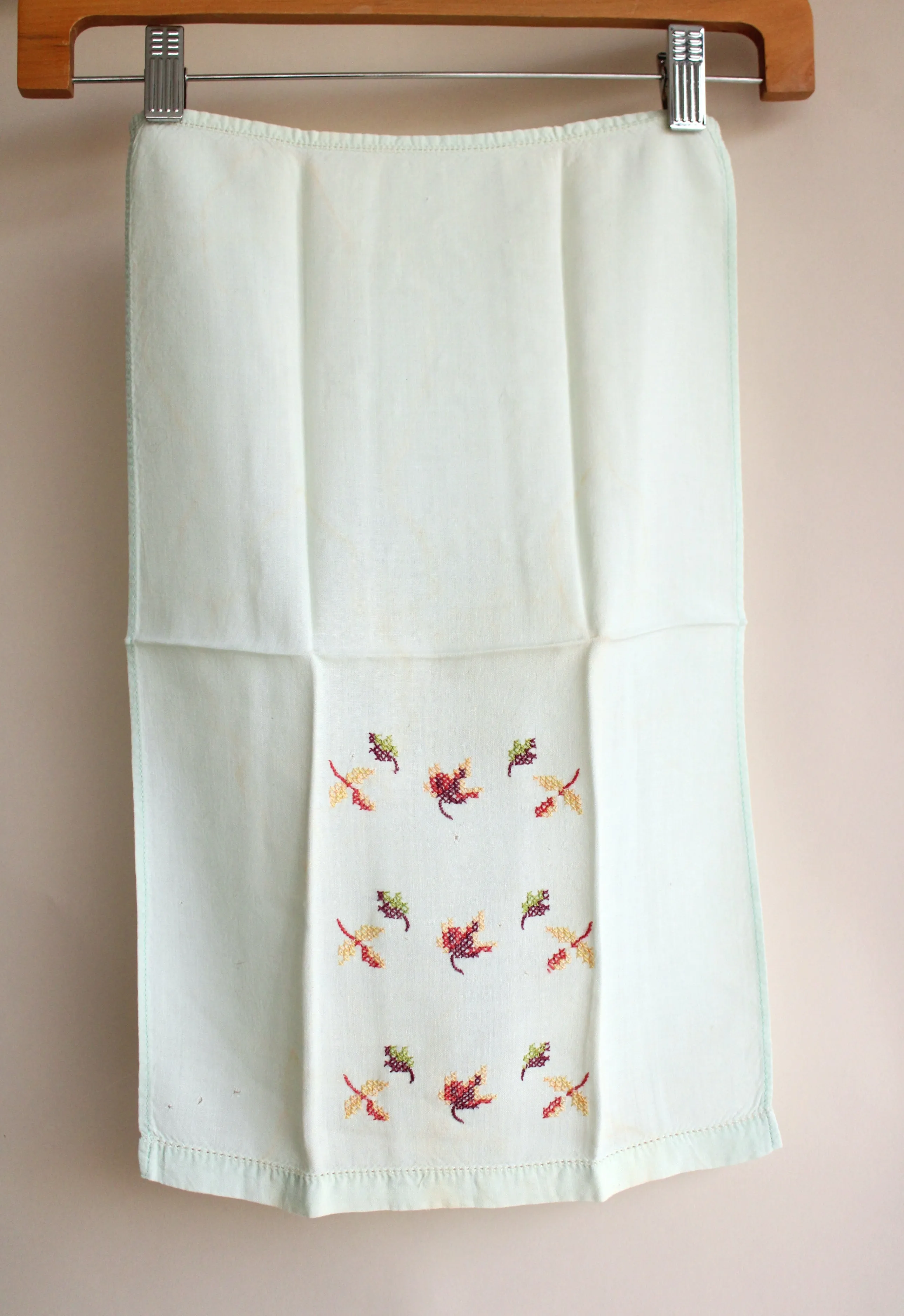 Vintage 1960s Mint Green Embroidered Tea Towel