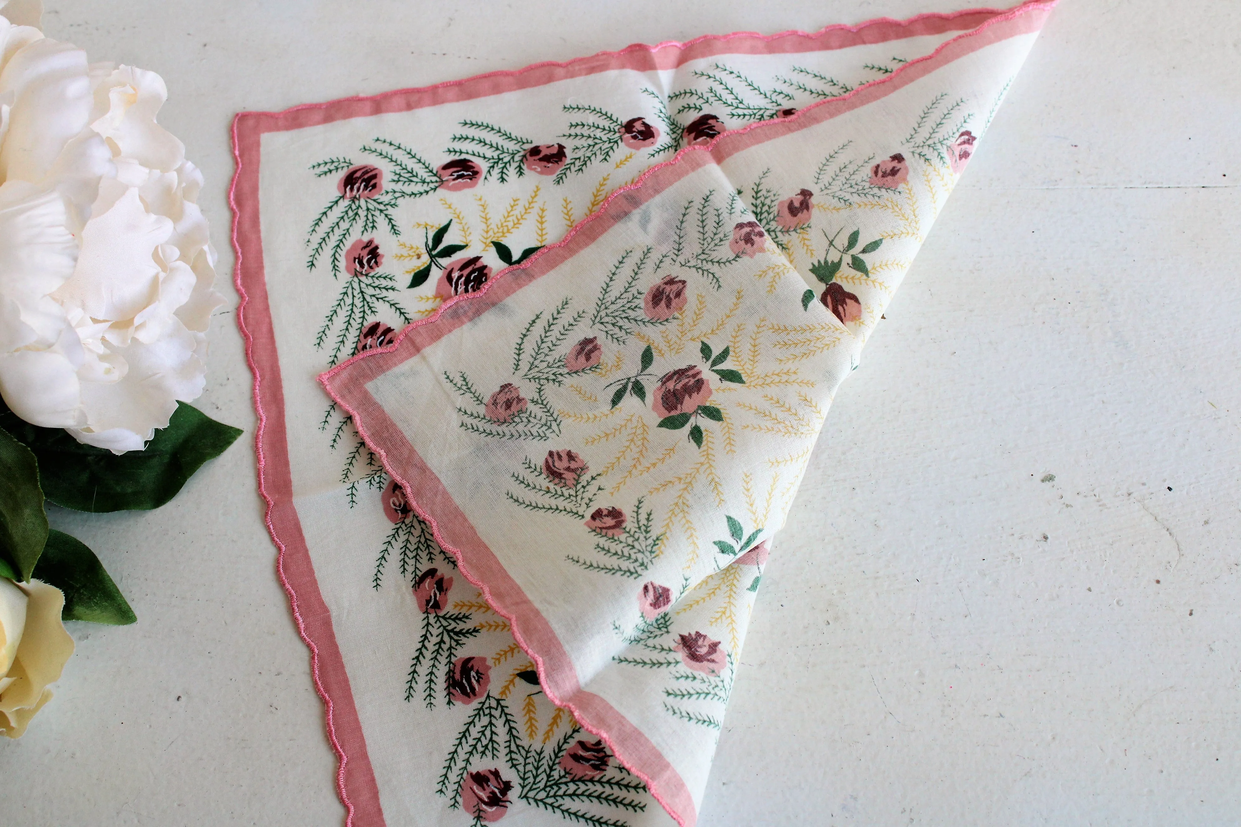 Vintage Cotton Hanky with Pink Rose Print