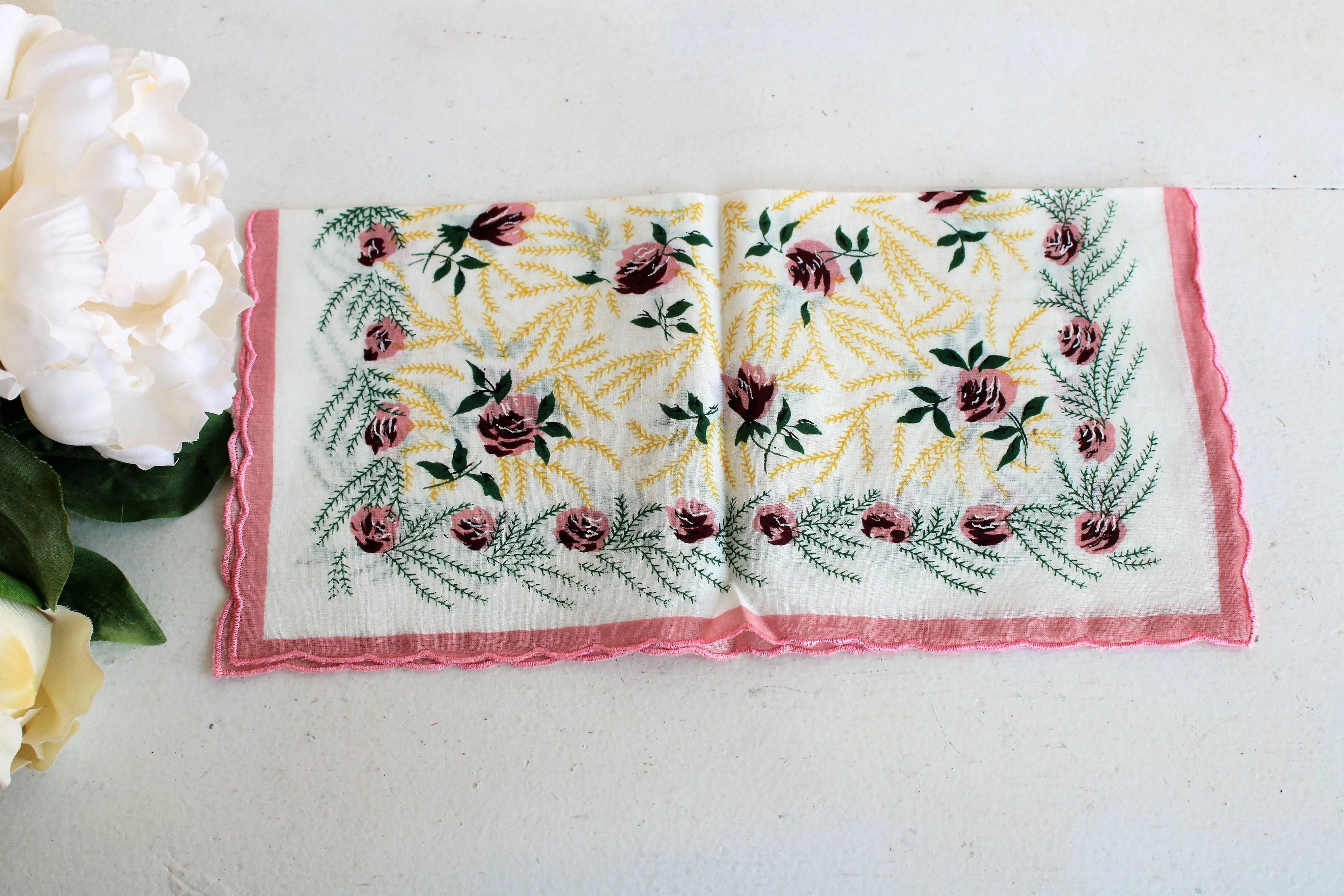 Vintage Cotton Hanky with Pink Rose Print