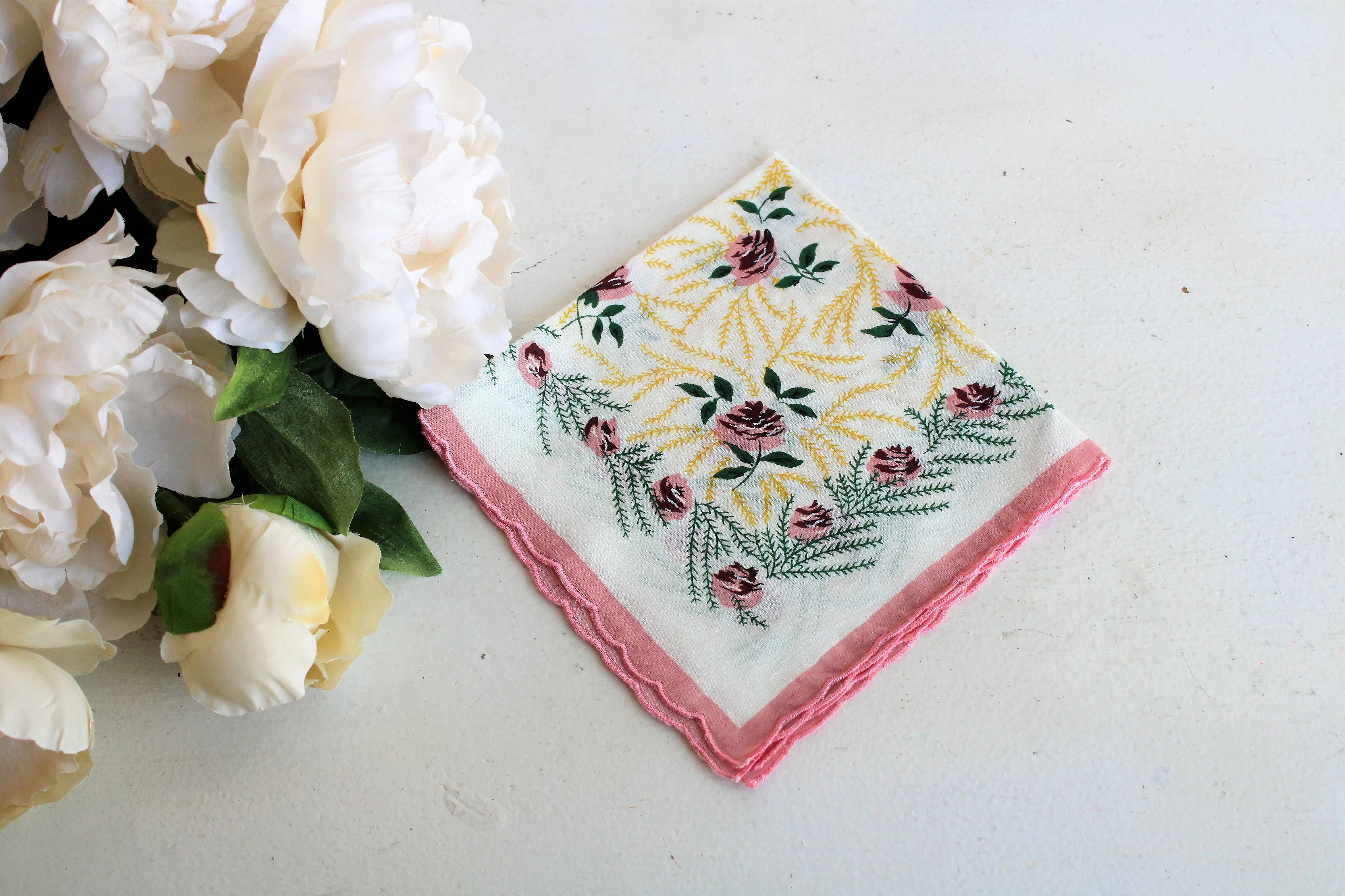 Vintage Cotton Hanky with Pink Rose Print