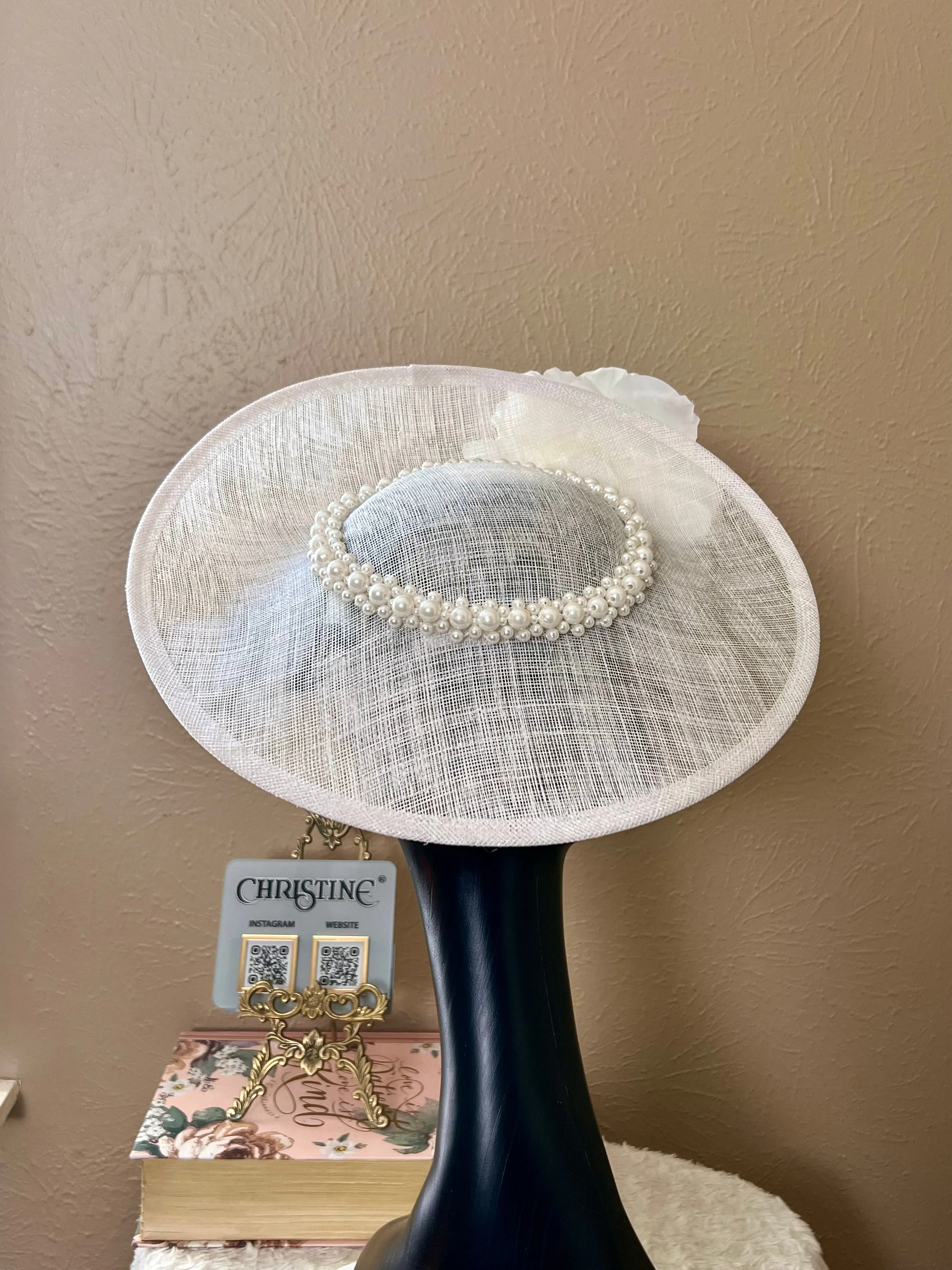 White bow pearls wedding hat