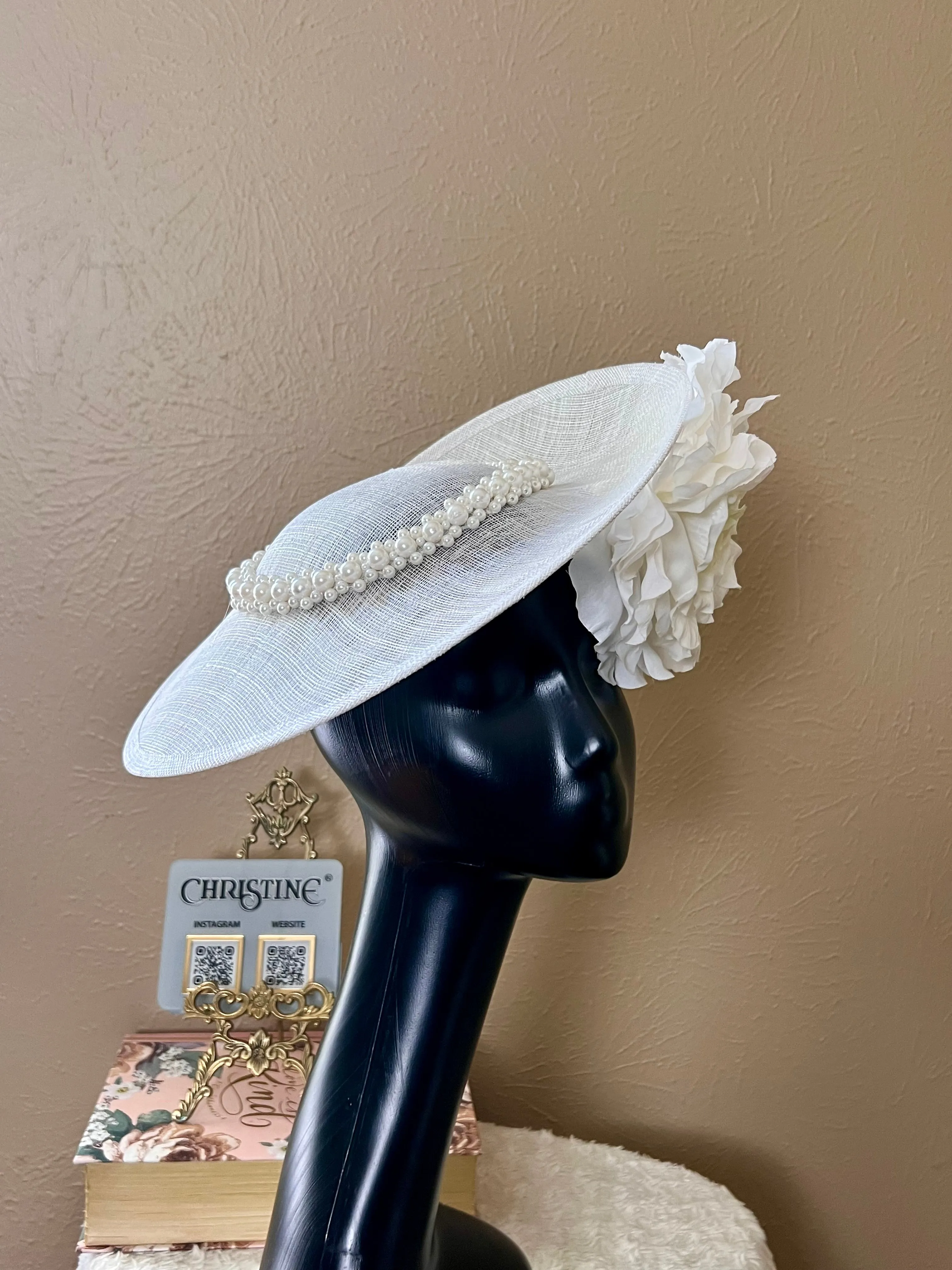 White bow pearls wedding hat